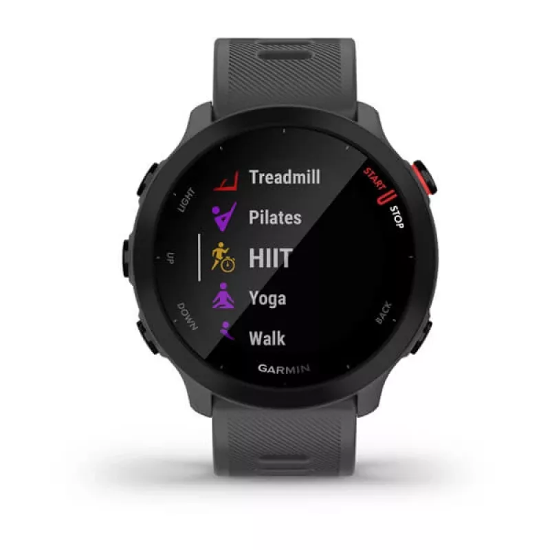 Smartwatch GARMIN Forerunner 55, okrągła koperta 42 mm, szary, silikonowy pasek, GPS/GLONASS/Galileo, wodoszczelność 5 ATM