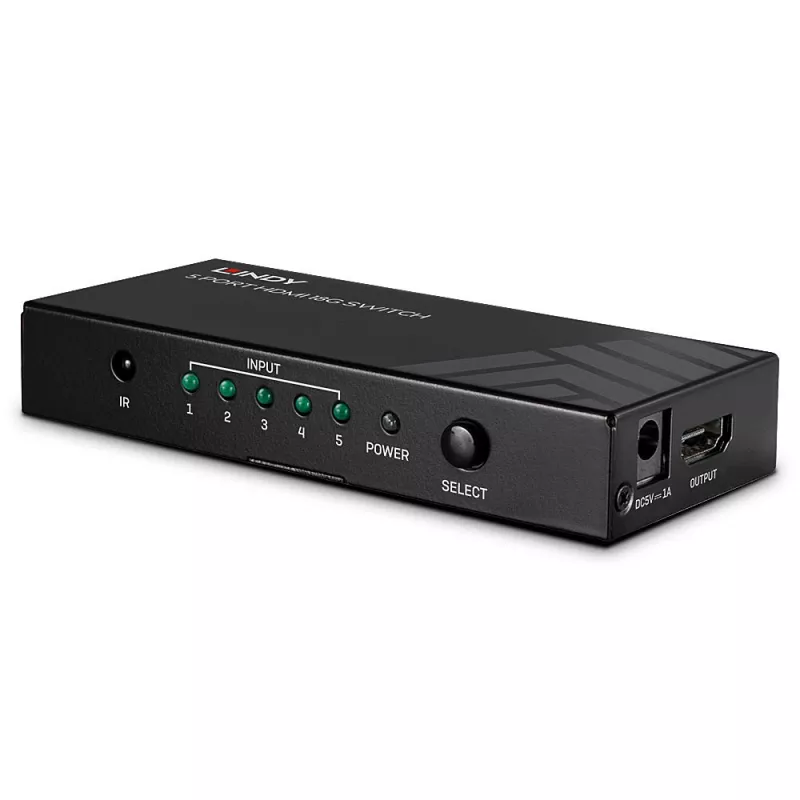 Lindy 5 Port HDMI 18G Switch, HDMI, Metal, Czarny, 18 Gbit/s, RF, 4K Ultra HD