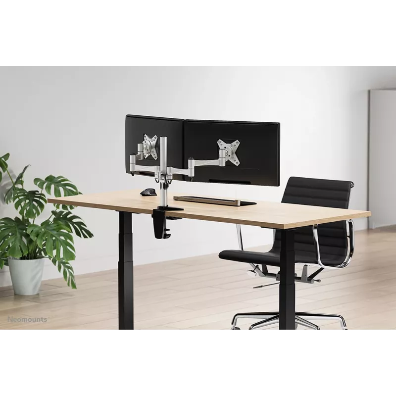 Neomounts FPMA-D1330DSILVER Uchwyt monitora 10-27 cali, Zacisk/Przelotka, 9 kg, 25,4 cm (10 cali), 68,6 cm (27 cali), 100 x 100 mm, Srebrny