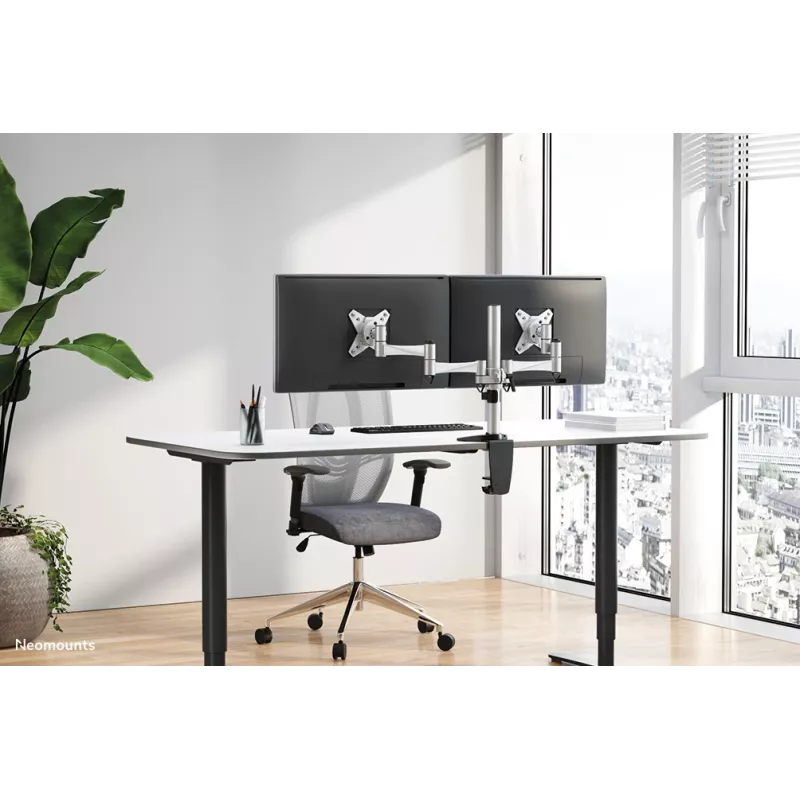 Neomounts FPMA-D1330DSILVER Uchwyt monitora 10-27 cali, Zacisk/Przelotka, 9 kg, 25,4 cm (10 cali), 68,6 cm (27 cali), 100 x 100 mm, Srebrny