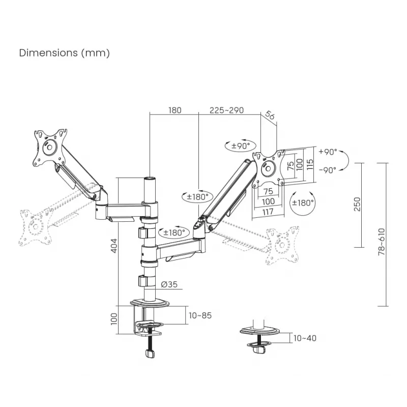 Monitor desk mount Gembird MA-DA2P-02 for 2 displays, up to 81.3 cm (32 inch), VESA 75x75–100x100, max weight 9 kg each, clamp/grommet, Czarny