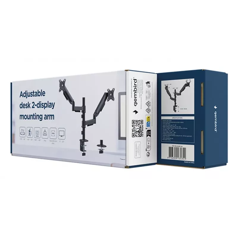 Monitor desk mount Gembird MA-DA2P-02 for 2 displays, up to 81.3 cm (32 inch), VESA 75x75–100x100, max weight 9 kg each, clamp/grommet, Czarny