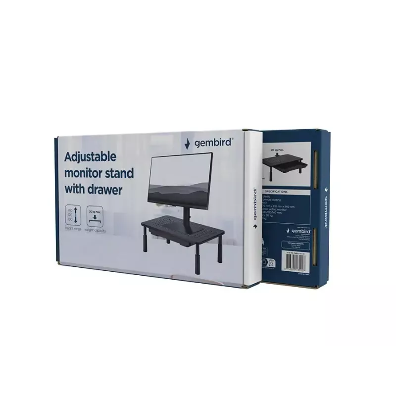 Podstawka pod monitor GEMBIRD MS-TABLE-D-01 — regulowana wysokość podstawki biurkowej z 1 szufladą, stal, wysokość 140 mm, obsługuje 1 wyświetlacz, udźwig 20 kg