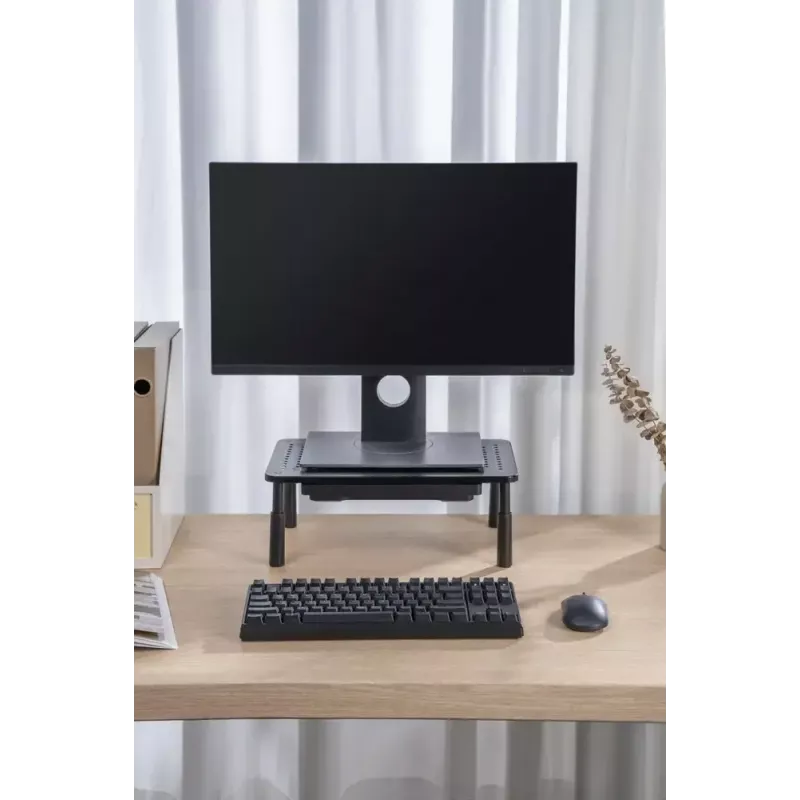 Podstawka pod monitor GEMBIRD MS-TABLE-D-01 — regulowana wysokość podstawki biurkowej z 1 szufladą, stal, wysokość 140 mm, obsługuje 1 wyświetlacz, udźwig 20 kg