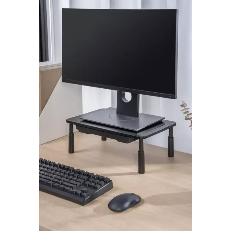 Podstawka pod monitor GEMBIRD MS-TABLE-D-01 — regulowana wysokość podstawki biurkowej z 1 szufladą, stal, wysokość 140 mm, obsługuje 1 wyświetlacz, udźwig 20 kg
