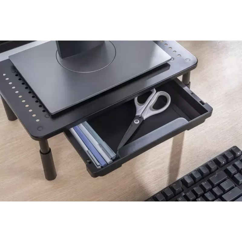 Podstawka pod monitor GEMBIRD MS-TABLE-D-01 — regulowana wysokość podstawki biurkowej z 1 szufladą, stal, wysokość 140 mm, obsługuje 1 wyświetlacz, udźwig 20 kg