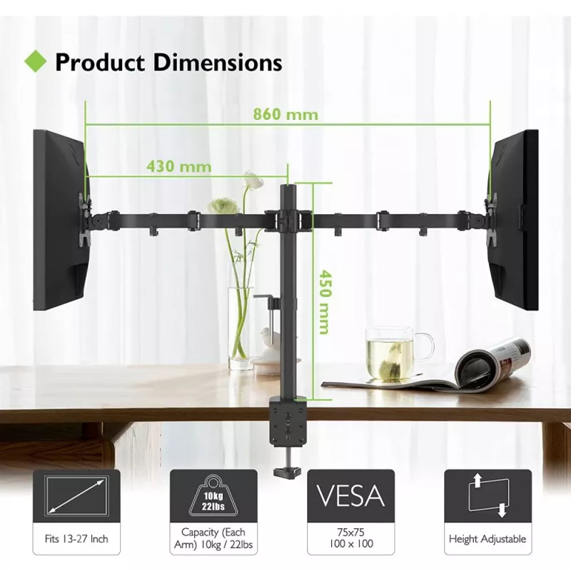 Uchwyt monitora TECHLY ICA-LCD-382-D dla 2 wyświetlaczy, zacisk biurkowy, do 27 cali, 20 kg, VESA 75x75–100x100, czarny