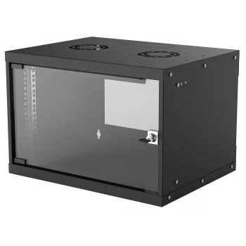 Szafa rack naścienna INTELLINET 714143 — 6U 19 cali, 540×400×353 mm, stal ocynkowana, przednie drzwi szklane, IP20, maks. 50 kg
