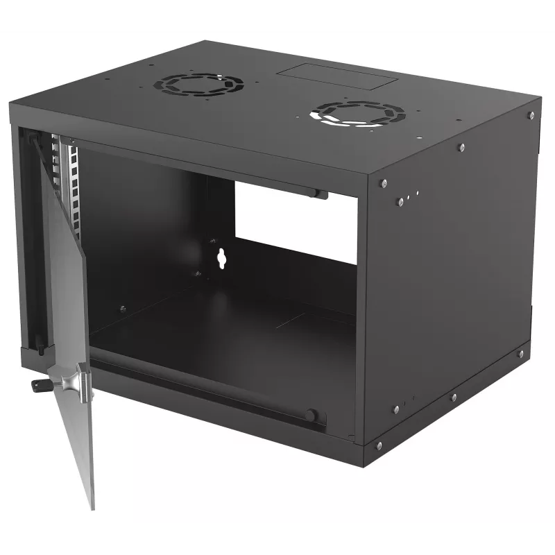 Szafa rack naścienna INTELLINET 714143 — 6U 19 cali, 540×400×353 mm, stal ocynkowana, przednie drzwi szklane, IP20, maks. 50 kg