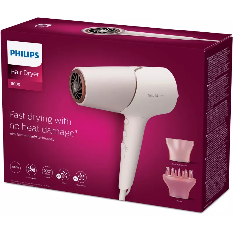 Suszarka do włosów Philips BHD530/00 2300 W, 6 prędkości/6 ustawień ciepła, jonizacja, zimny nadmuch, dyfuzor i koncentrator, różowa