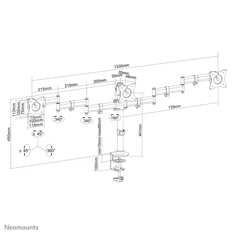 Neomounts NM-D135D3Czarny Monitor arm 10-27 inch, Clamp/Grommet, 8 kg, 25.4 cm (10 inch), 68.6 cm (27 inch), 100 x 100 mm, Czarny