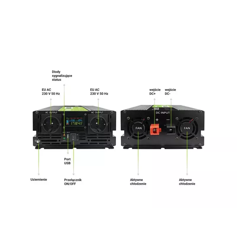 Przetwornica samochodowa zielony Cell INVGC12P2000LCD 2000W 12V na 230V czysta sinusoida, LCD, 1×USB, 2×aux