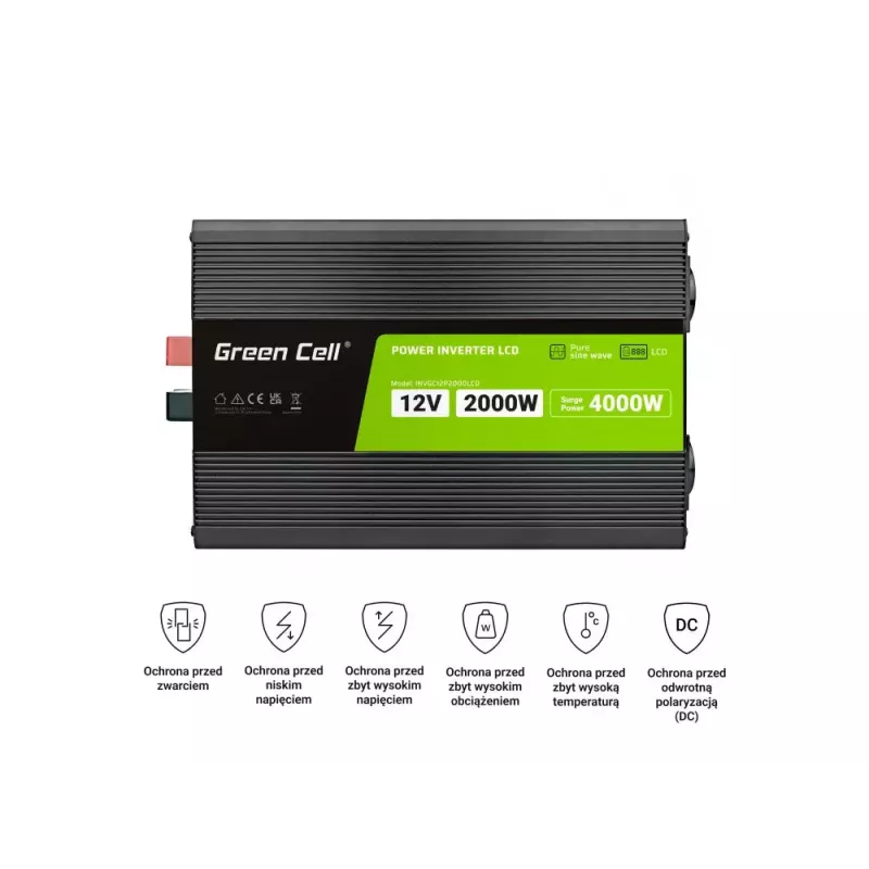 Przetwornica samochodowa zielony Cell INVGC12P2000LCD 2000W 12V na 230V czysta sinusoida, LCD, 1×USB, 2×aux