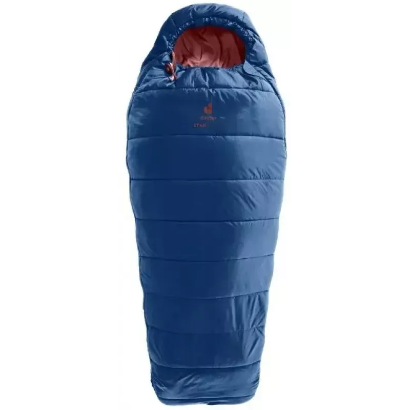 Śpiwór mumia DEUTER Starlight na wzrost 130–170 cm, wypełnienie z włókna pustego, letni, 910 g, z kapturem, nightblue/redwood