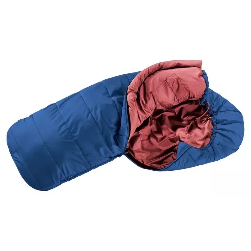 Śpiwór mumia DEUTER Starlight na wzrost 130–170 cm, wypełnienie z włókna pustego, letni, 910 g, z kapturem, nightblue/redwood