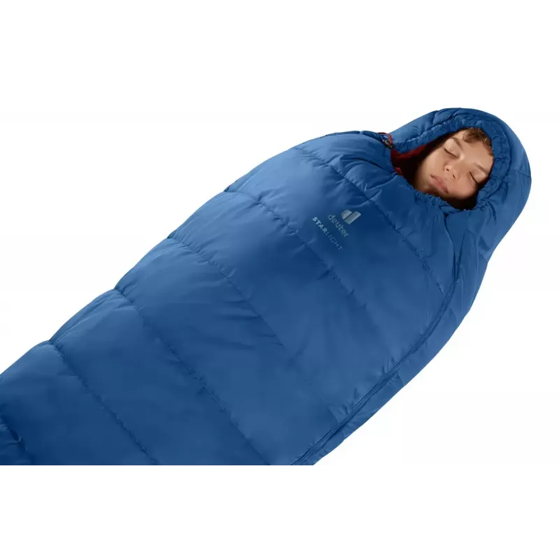 Śpiwór mumia DEUTER Starlight na wzrost 130–170 cm, wypełnienie z włókna pustego, letni, 910 g, z kapturem, nightblue/redwood
