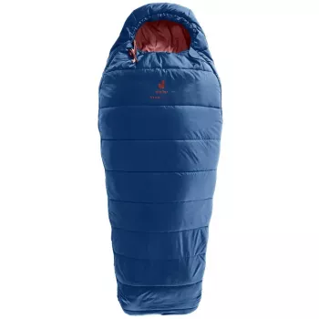 Śpiwór mumia DEUTER Starlight na wzrost 130–170 cm, wypełnienie z włókna pustego, letni, 910 g, z kapturem, nightblue/redwood
