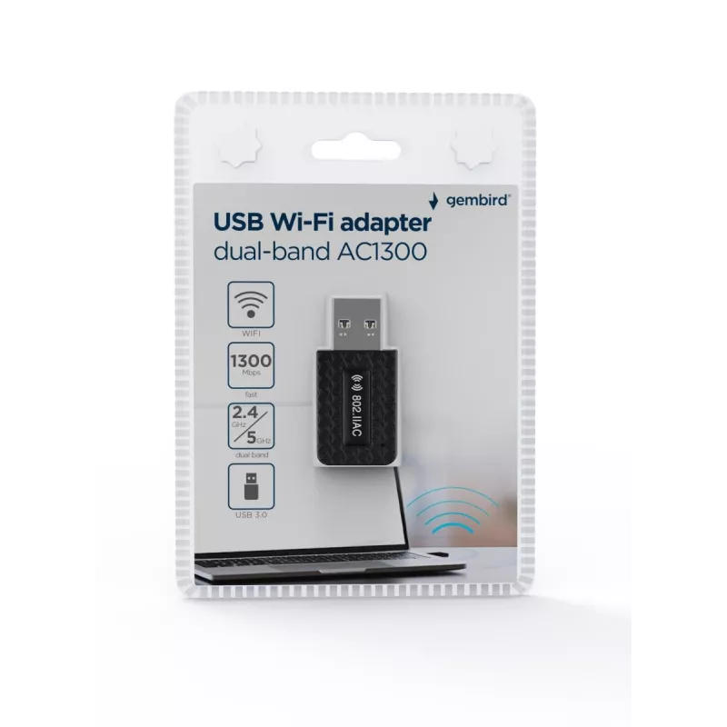 WLAN USB Adapter GEMBIRD AC1300 Dual-band Wi‑Fi 5 (RTL8812BU) 867 Mbit/s USB 3.0 Internal Antenna Czarny