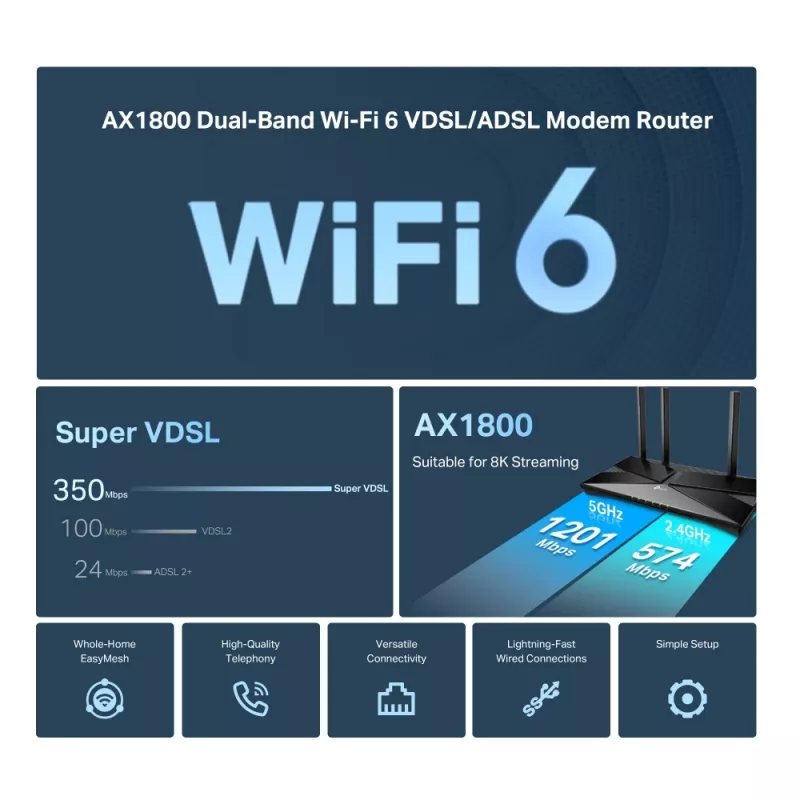 TP-Link Archer AX1800 Dwuzakresowy Router Modem VDSL/ADSL Wi-Fi 6