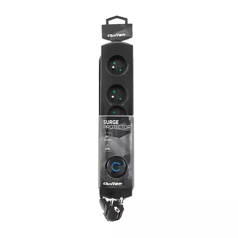 Listwa przeciwprzepięciowa QOLTEC 50104 — 4 gniazda AC, 230 V, przewód 1,5 m, czarna
