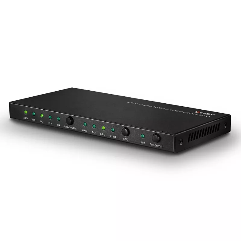 Lindy 4 Port HDMI 18G Switch z audio, HDMI, Metal, Czarny, 18 Gbit/s, 3840 x 2160 pikseli, 5.1 kanałów