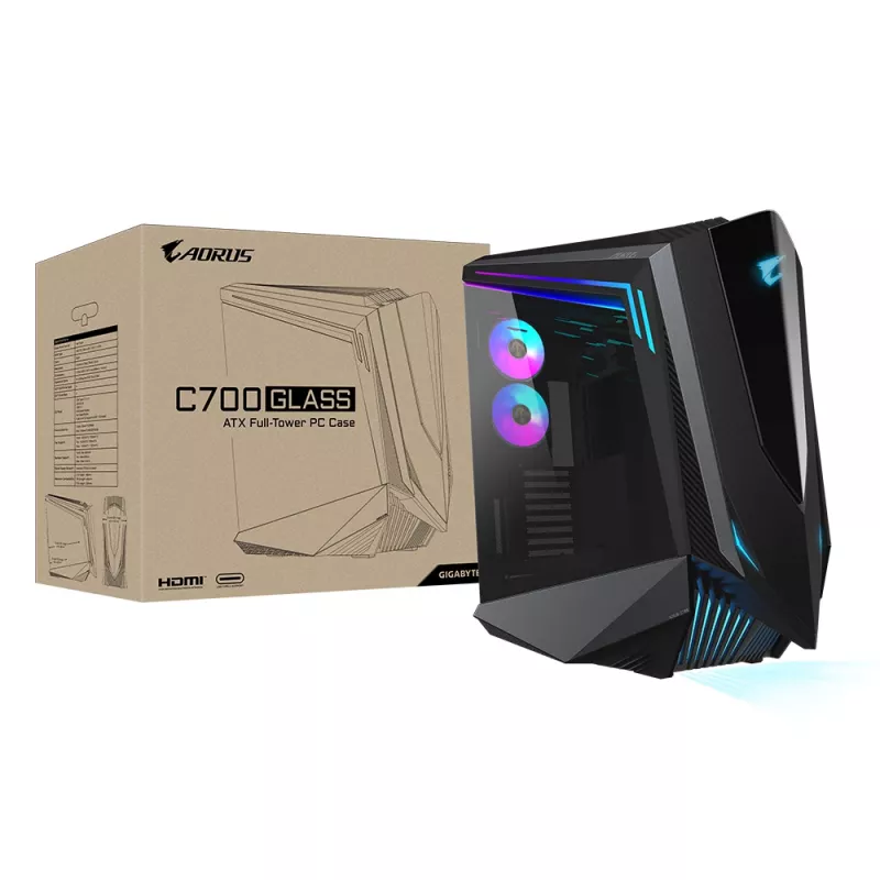 Obudowa PC GIGABYTE AORUS C700 GLASS – Full Tower, obsługuje płyty do E-ATX i chłodnice 420 mm, fabrycznie zainstalowane 5 wentylatorów 120 mm, USB 3.1 Type-C, RGB Fusion