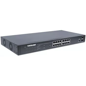 Przełącznik zarządzany sieciowo Intellinet 16-portowy Gigabit Ethernet PoE+ z 2 portami SFP, zgodny z IEEE 802.3at/af Power over Ethernet (PoE+/PoE), 374 W, Endspan, montaż w szafie 19 cali