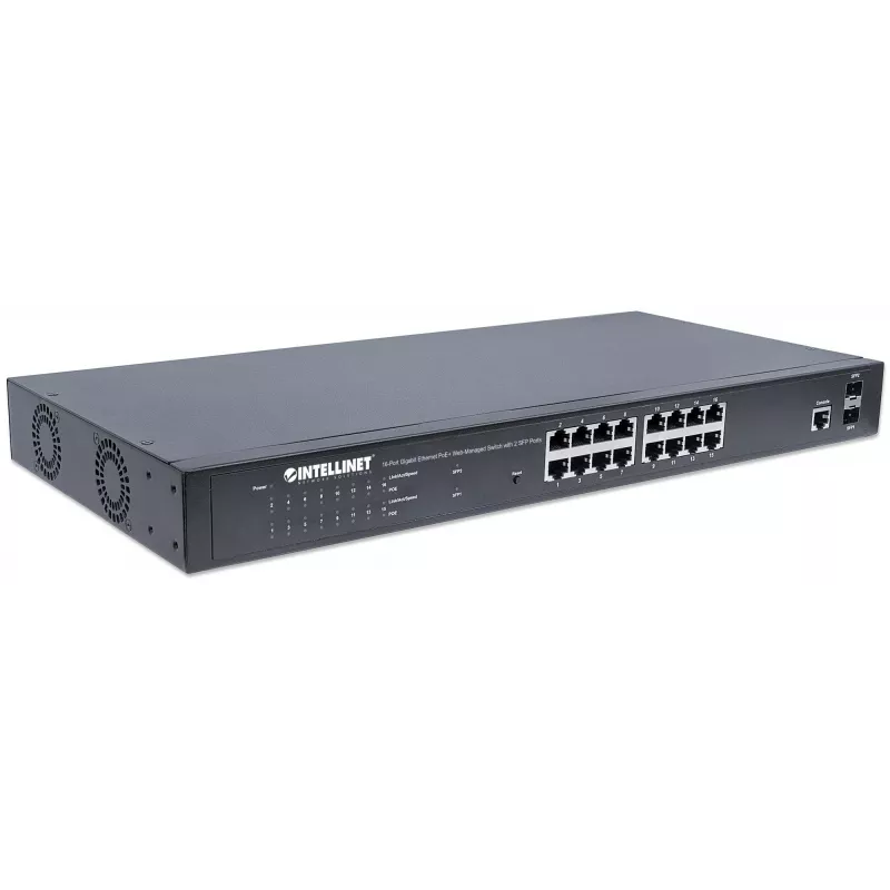 Przełącznik zarządzany sieciowo Intellinet 16-portowy Gigabit Ethernet PoE+ z 2 portami SFP, zgodny z IEEE 802.3at/af Power over Ethernet (PoE+/PoE), 374 W, Endspan, montaż w szafie 19 cali