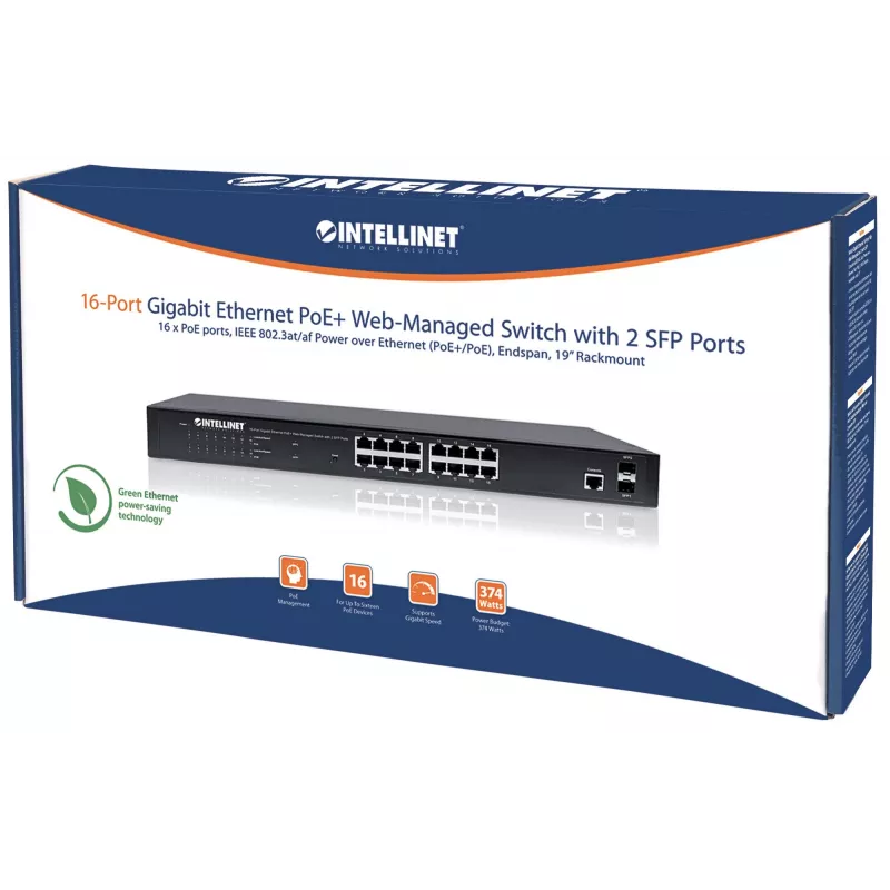 Przełącznik zarządzany sieciowo Intellinet 16-portowy Gigabit Ethernet PoE+ z 2 portami SFP, zgodny z IEEE 802.3at/af Power over Ethernet (PoE+/PoE), 374 W, Endspan, montaż w szafie 19 cali