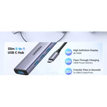 UGREEN laptop dock 15596 USB 3.2 Gen 1 Type-A + Type-C, 3× USB-A, 1× USB-C PD 100W, 1× HDMI 2.0, aluminium