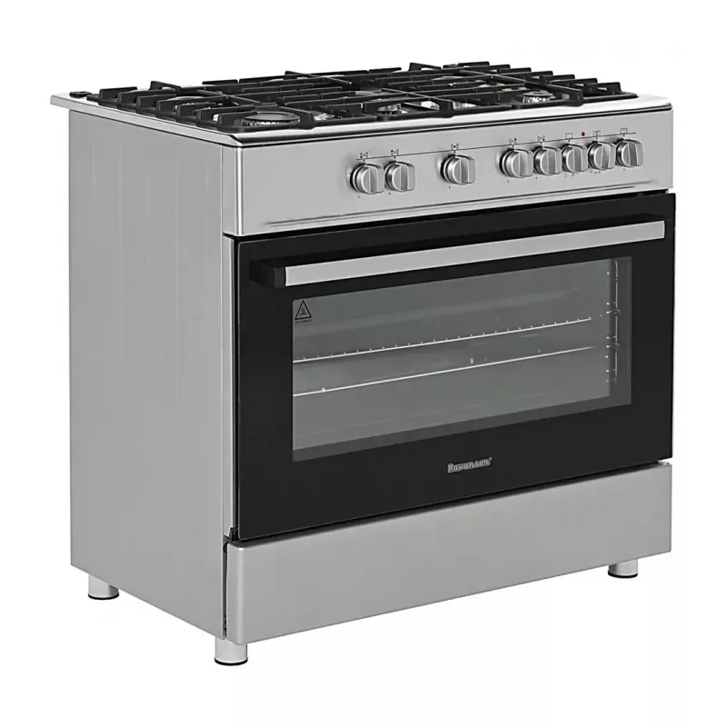 Wolnostojąca kuchenka gazowo-elektryczna Ravanson KWGE-K90A Cheff, 90 cm, płyta 5-palnikowa (wok), piekarnik elektryczny 110 L, stal nierdzewna/srebrny