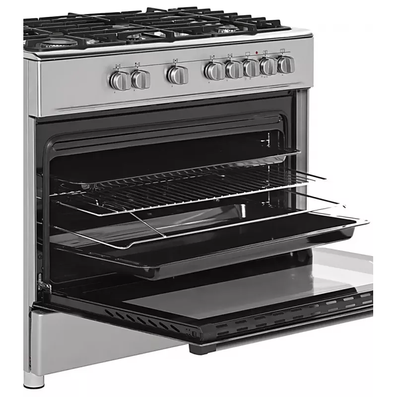 Wolnostojąca kuchenka gazowo-elektryczna Ravanson KWGE-K90A Cheff, 90 cm, płyta 5-palnikowa (wok), piekarnik elektryczny 110 L, stal nierdzewna/srebrny