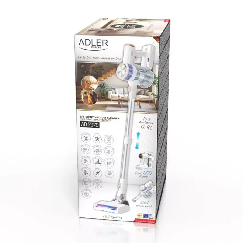 Odkurzacz pionowy bezprzewodowy Adler AD 7079, silnik bezszczotkowy, 9000 Pa, 2200 mAh, 0,4 l bezworkowy