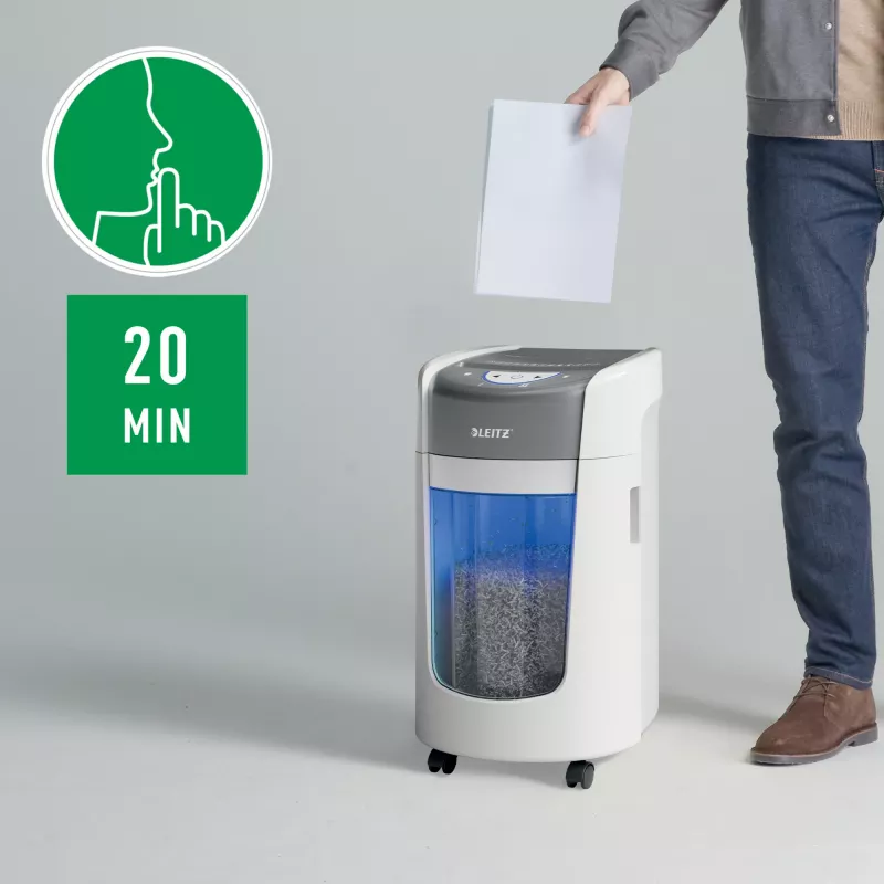Niszczarka Leitz IQ OptiMax Home Office 225, mikrocięcie, poziom bezpieczeństwa P5, 15 l – biała