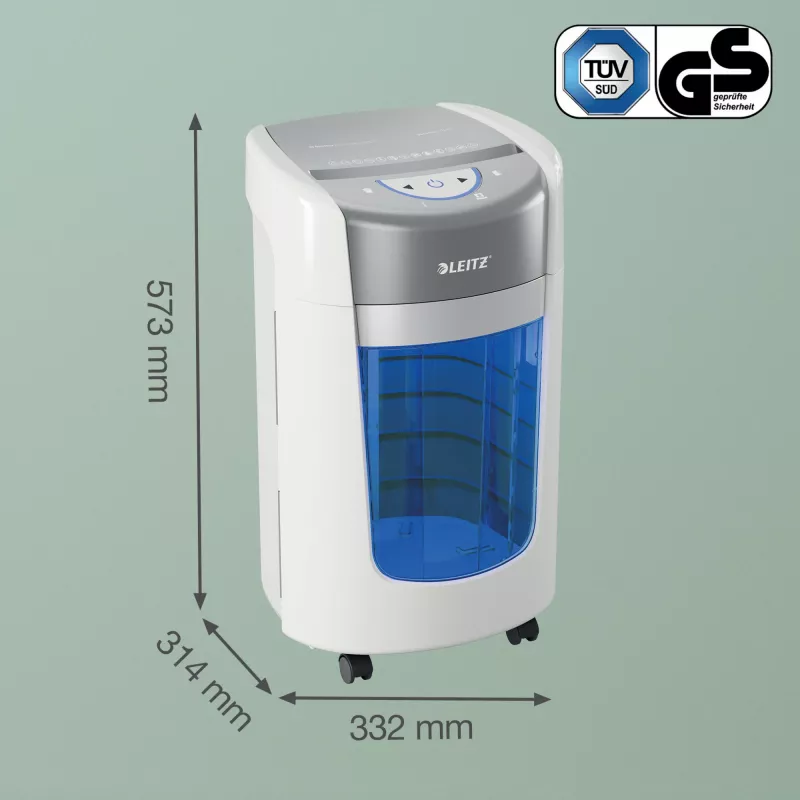 Niszczarka Leitz IQ OptiMax Home Office 225, mikrocięcie, poziom bezpieczeństwa P5, 15 l – biała