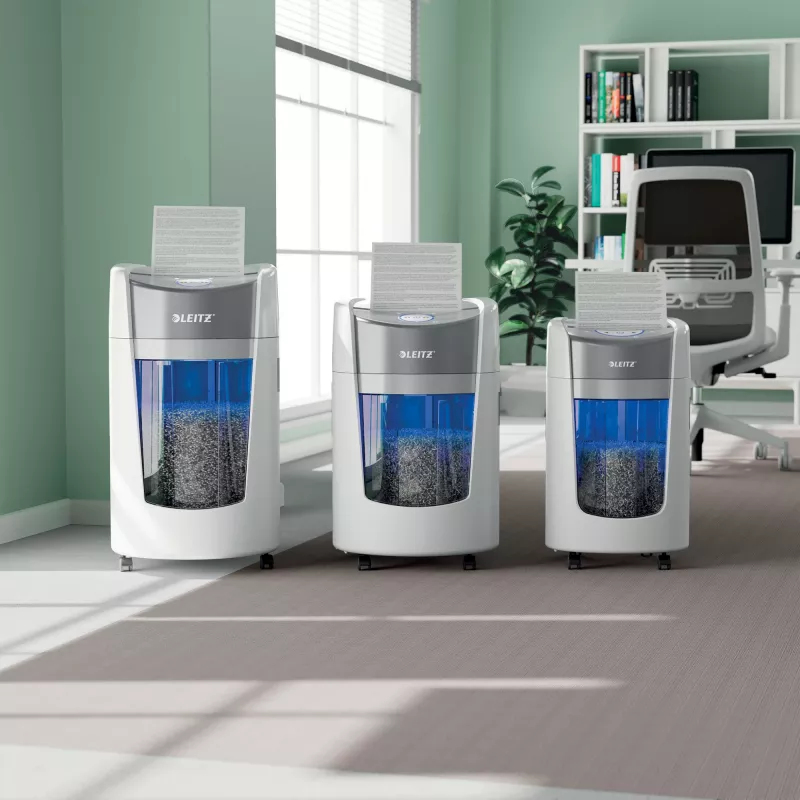 Niszczarka Leitz IQ OptiMax Home Office 225, mikrocięcie, poziom bezpieczeństwa P5, 15 l – biała