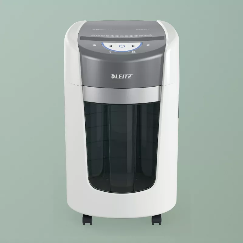 Niszczarka Leitz IQ OptiMax Home Office 225, mikrocięcie, poziom bezpieczeństwa P5, 15 l – biała