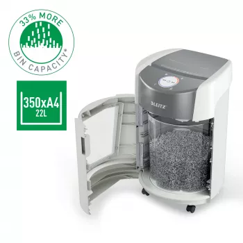 Niszczarka Leitz IQ OptiMax Small Office 350 Micro Cut, poziom bezpieczeństwa P5, 22L - biała