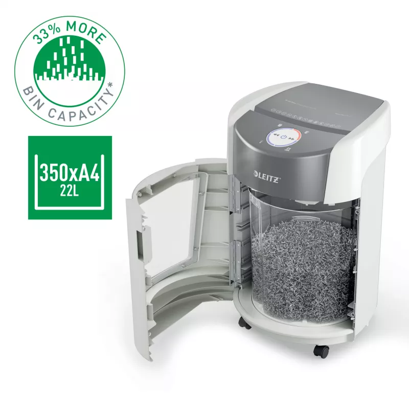 Niszczarka Leitz IQ OptiMax Small Office 350 Micro Cut, poziom bezpieczeństwa P5, 22L - biała