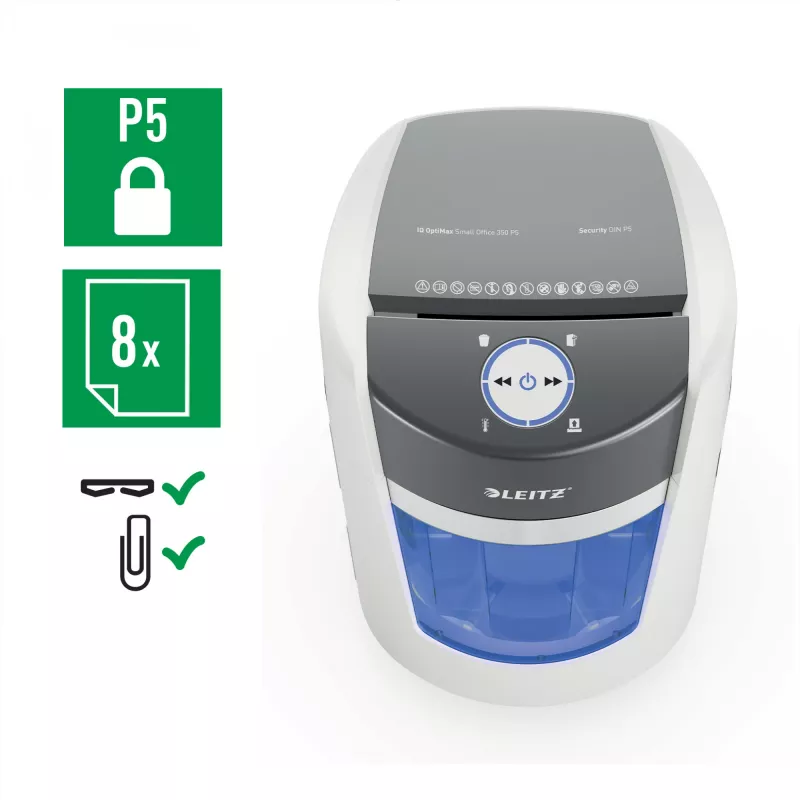 Niszczarka Leitz IQ OptiMax Small Office 350 Micro Cut, poziom bezpieczeństwa P5, 22L - biała