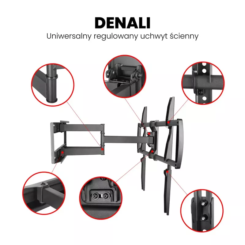 Uchwyt ścienny do telewizora MONTIS DENALI MT162 dla ekranów 37 cali–105 cali, stal, udźwig 75 kg, VESA 200x100–800x600, regulacja nachylenia/obrotu/rotacji, 7,3–60,9 cm