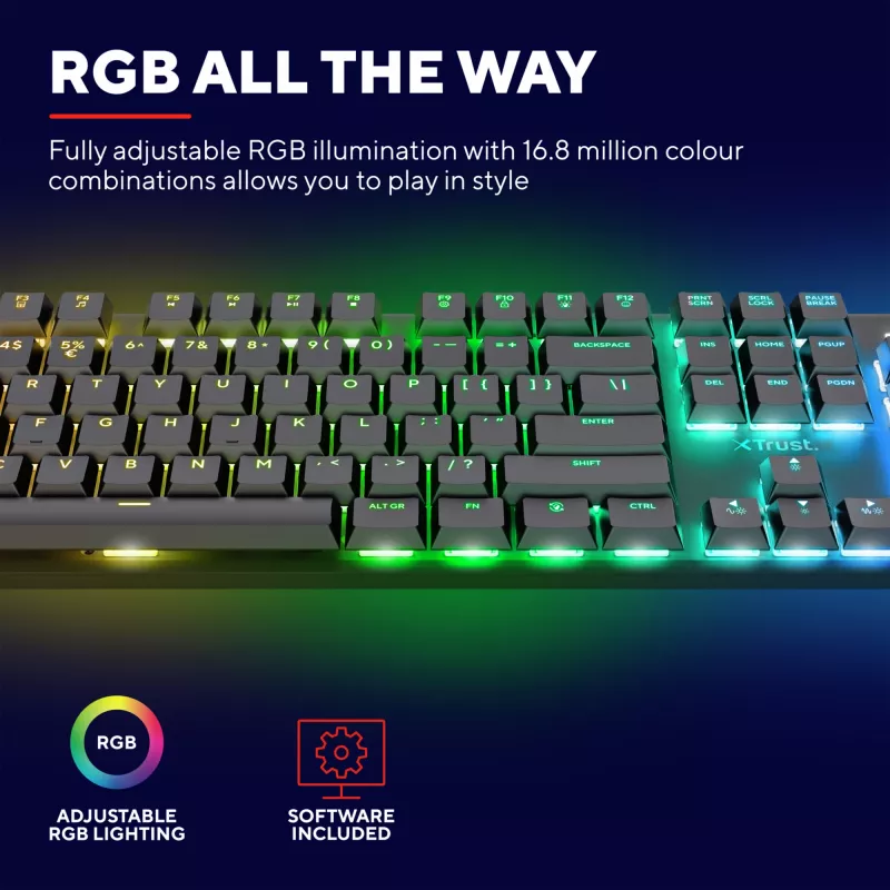 Klawiatura Trust GXT 868 Torix dla graczy USB + RF Wireless + Bluetooth QWERTY US English czarna