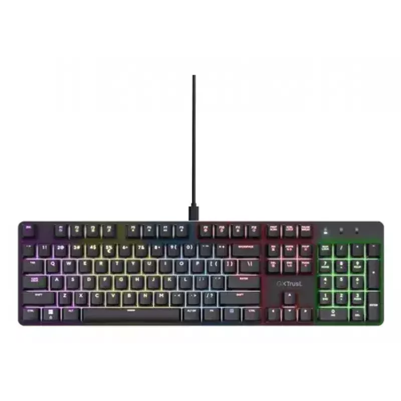 Przewodowa mechaniczna klawiatura gamingowa TRUST GXT 871 Zora — pełnowymiarowa QWERTY US, RGB, N-key rollover, 104 klawisze, aluminium, USB-A, 1,8 m
