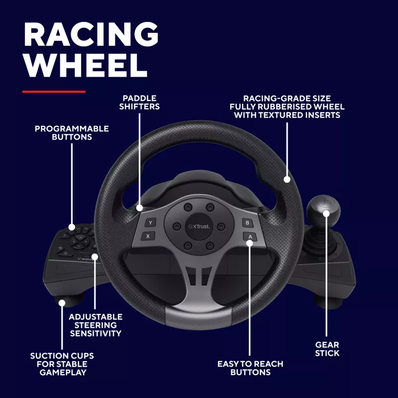 Trust GXT 289 Movi Czarny USB Steering wheel + Pedals Nintendo Switch, PlayStation 4, Xbox One S, Xbox One X, Xbox Series S, Xbox Series X