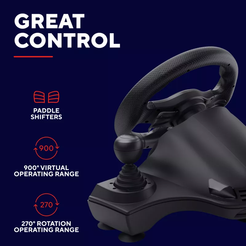 Trust GXT 289 Movi Czarny USB Steering wheel + Pedals Nintendo Switch, PlayStation 4, Xbox One S, Xbox One X, Xbox Series S, Xbox Series X