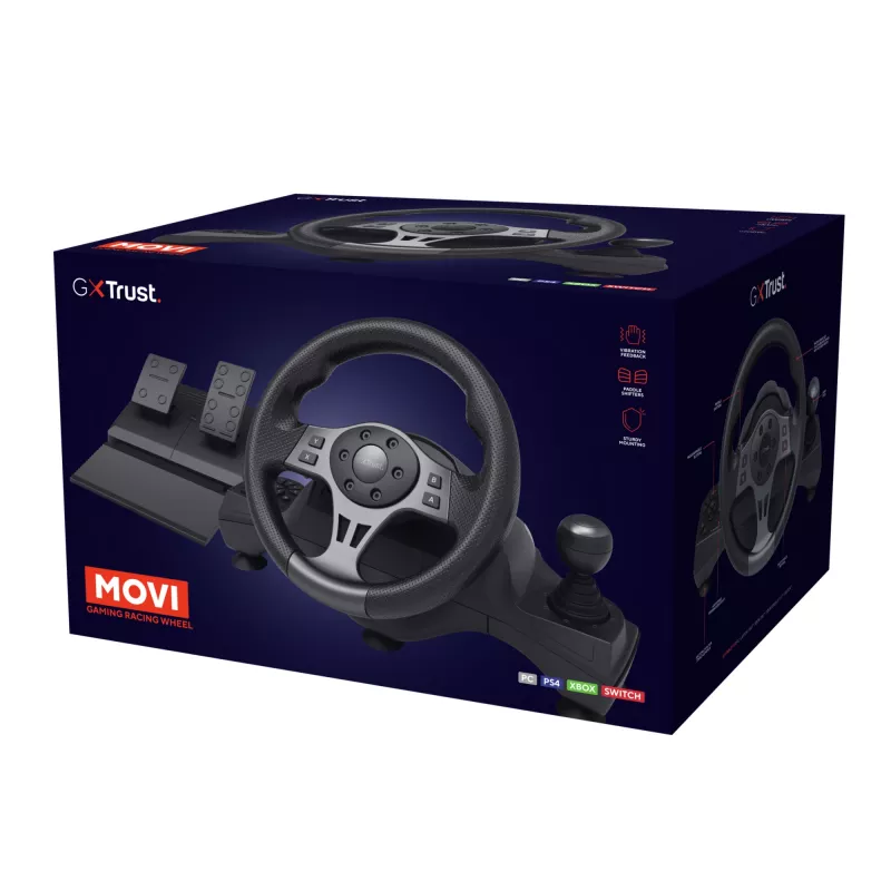 Trust GXT 289 Movi Czarny USB Steering wheel + Pedals Nintendo Switch, PlayStation 4, Xbox One S, Xbox One X, Xbox Series S, Xbox Series X