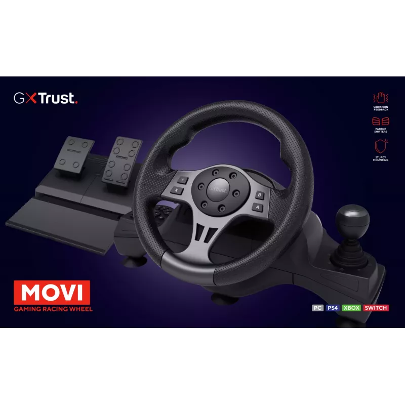 Trust GXT 289 Movi Czarny USB Steering wheel + Pedals Nintendo Switch, PlayStation 4, Xbox One S, Xbox One X, Xbox Series S, Xbox Series X