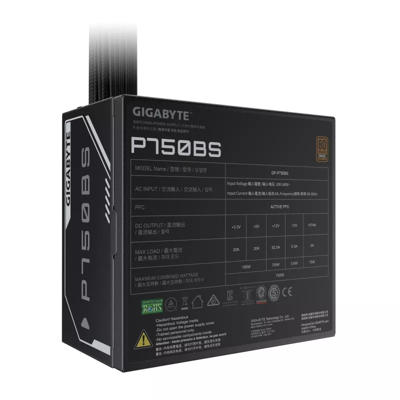 Zasilacz GIGABYTE P750BS – PCI-E 6+2 pin x 4, 80 PLUS Bronze, wentylator 120 mm, kompatybilny z ATX, wtyczka EU