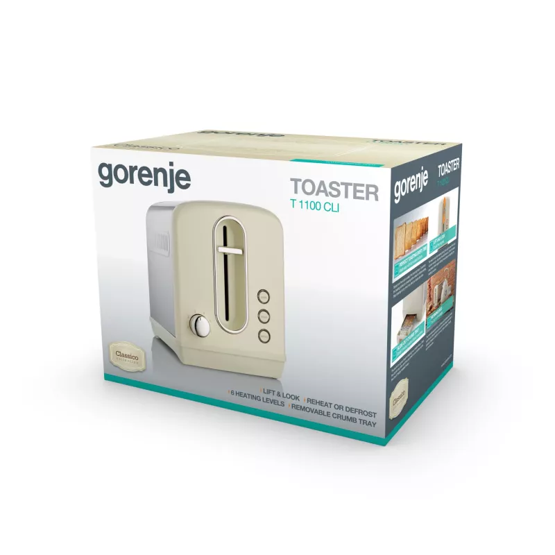 Toster Gorenje T1100CLI 2-kromkowy 1100 W Szampański, 6 stopni przyrumieniania, funkcja rozmrażania i podgrzewania