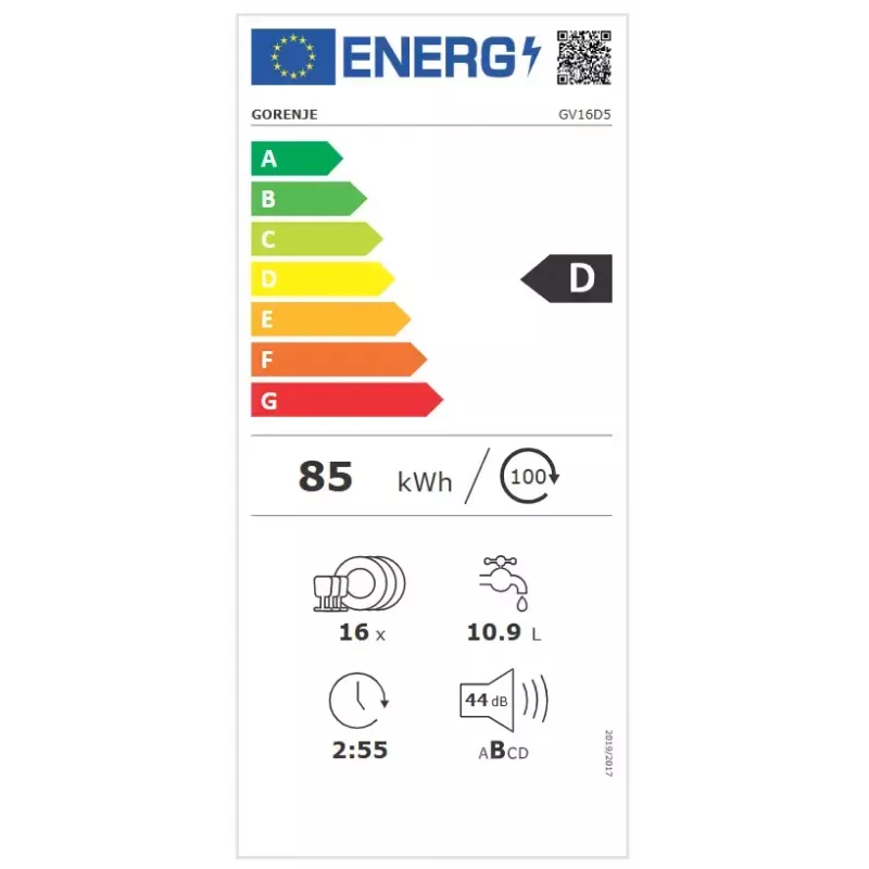 Zabudowana zmywarka Gorenje GV16D5 — 16 kompletów, 44 dB, stal nierdzewna, 7 ustawień temperatury